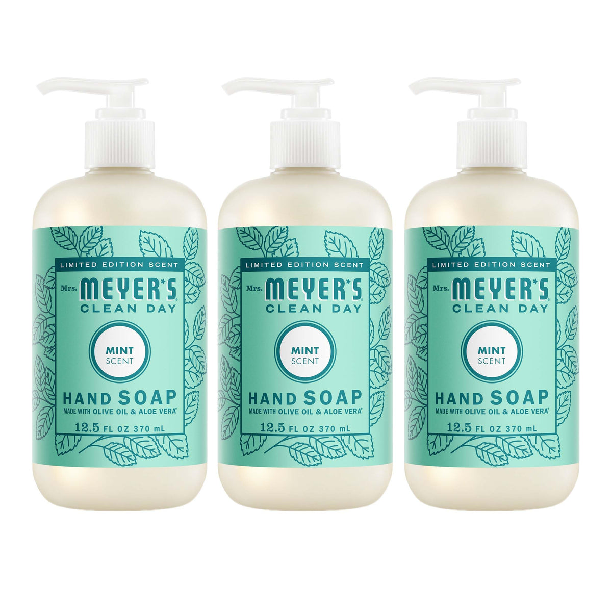 Mrs. MEYER'S front packaging showing three mint hand soap bottles and clear labeling