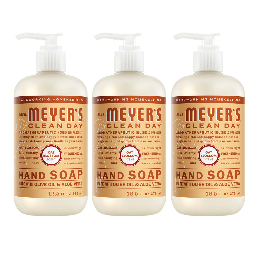 Mrs. Meyer's oat blossom front packaging showing clear bottle and label for easy identification and appeal