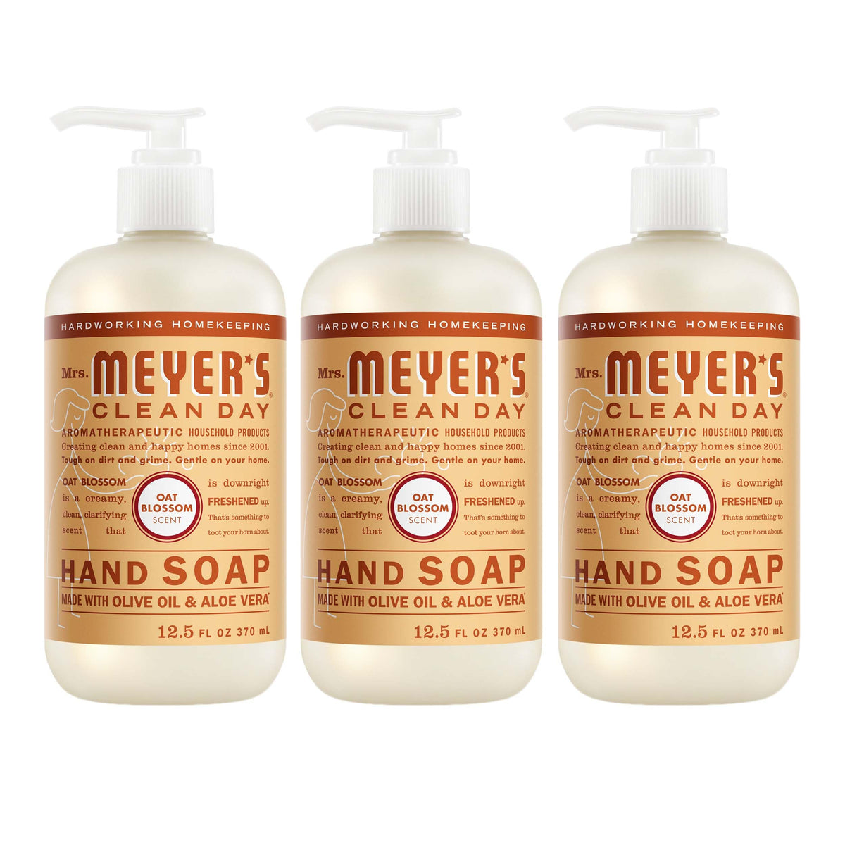 Mrs. Meyer's oat blossom front packaging showing clear bottle and label for easy identification and appeal