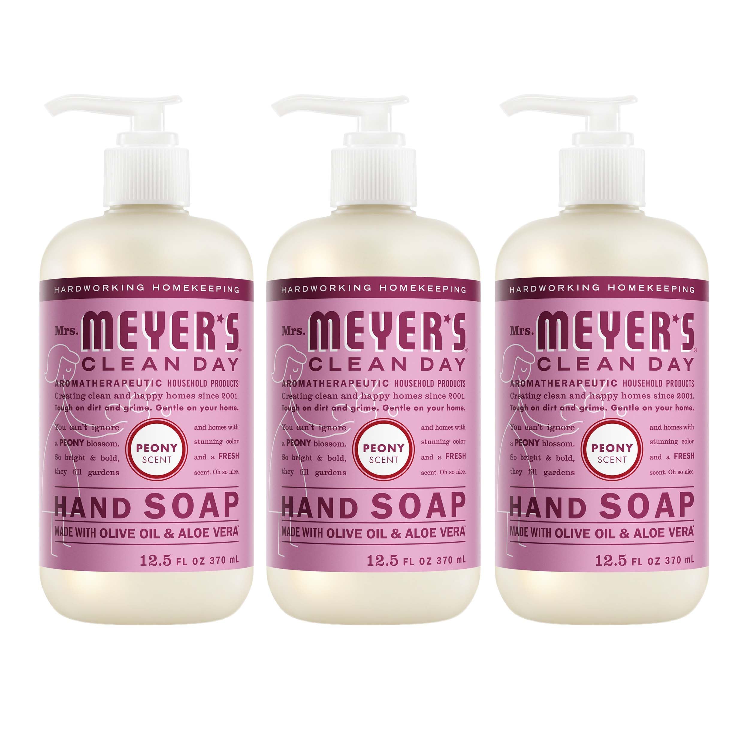 Mrs. Meyer's Peony front packaging showing three bottles and brand clarity