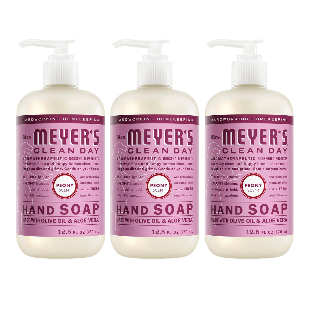 Mrs. Meyer's Peony front packaging showing three bottles and brand clarity
