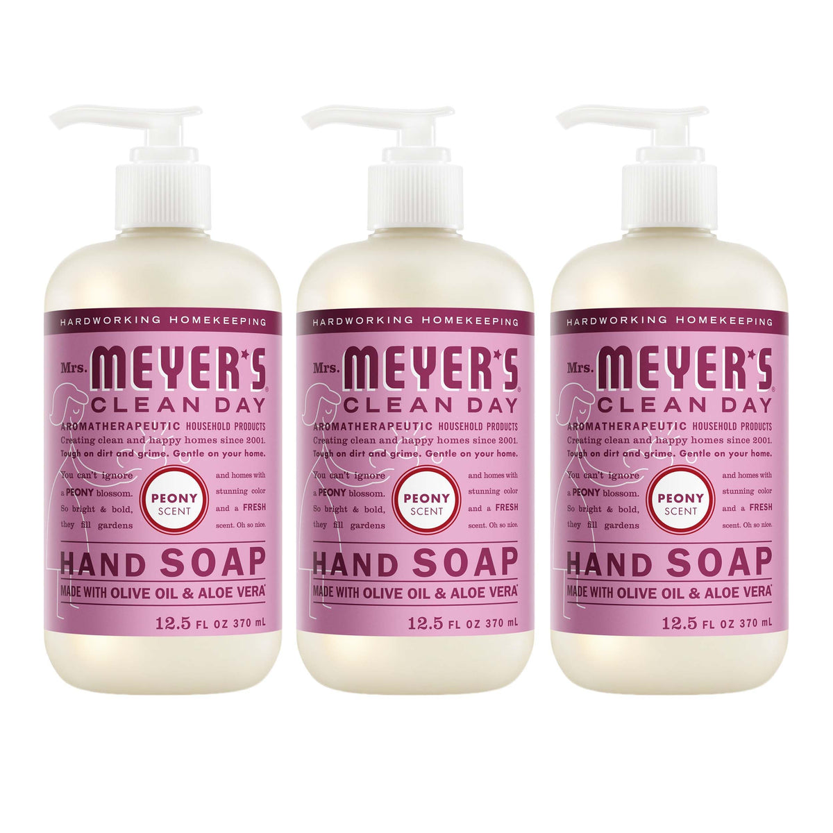 Mrs. Meyer's Peony front packaging showing three bottles and brand clarity