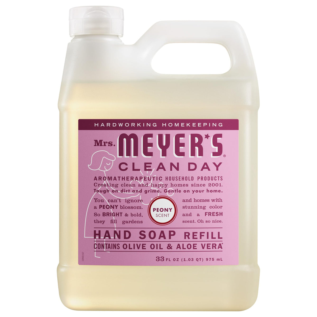 Mrs. Meyer's peony refill front label showing product name and size benefit