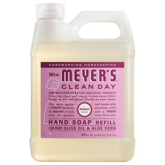 Mrs. Meyer's peony refill front label showing product name and size benefit