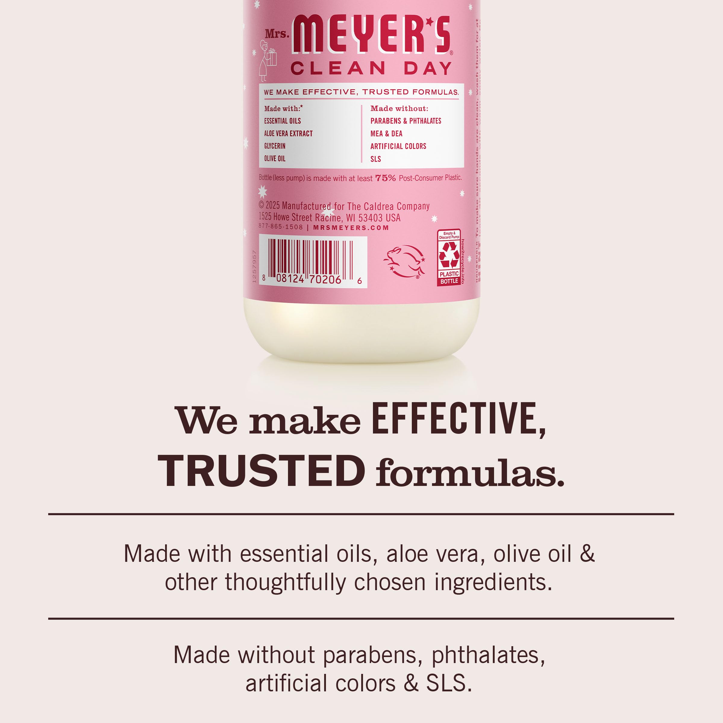 Mrs. Meyer's label ingredients list highlighting essential oils and cruelty-free benefit