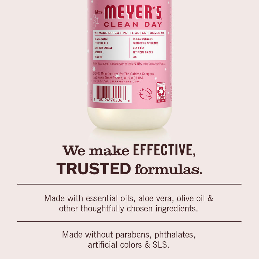 Mrs. Meyer's label ingredients list highlighting essential oils and cruelty-free benefit