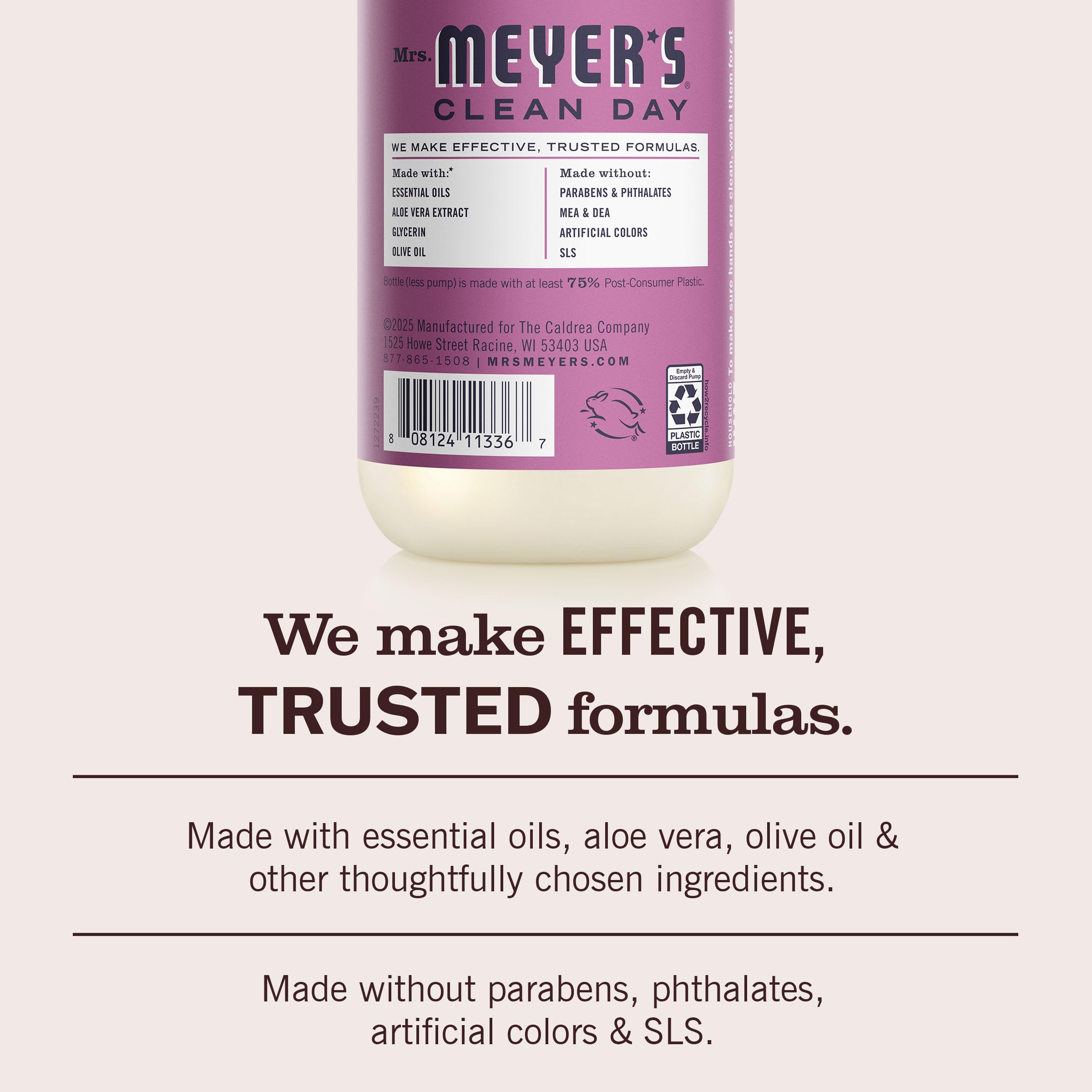 Mrs. MEYER'S back label displaying ingredients and clean formulation benefits