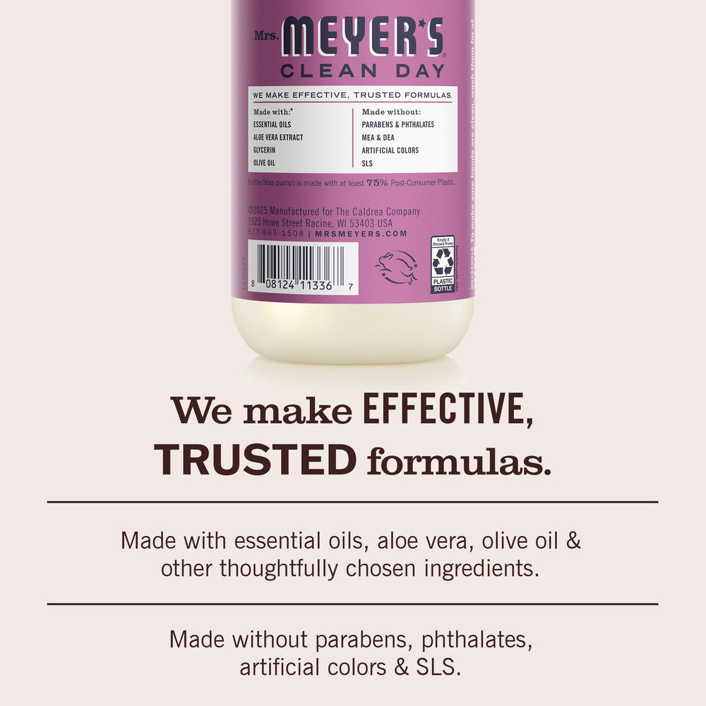Mrs. MEYER'S back label displaying ingredients and clean formulation benefits