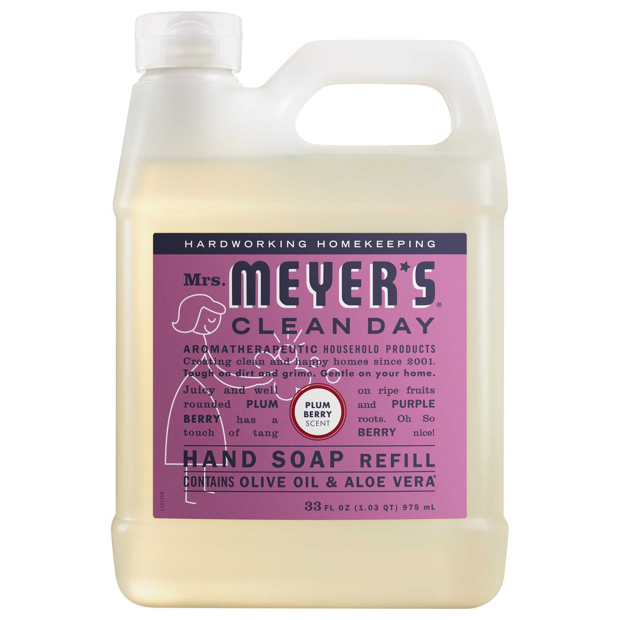Mrs. MEYER'S front label showing Plum Berry scent and bottle benefits