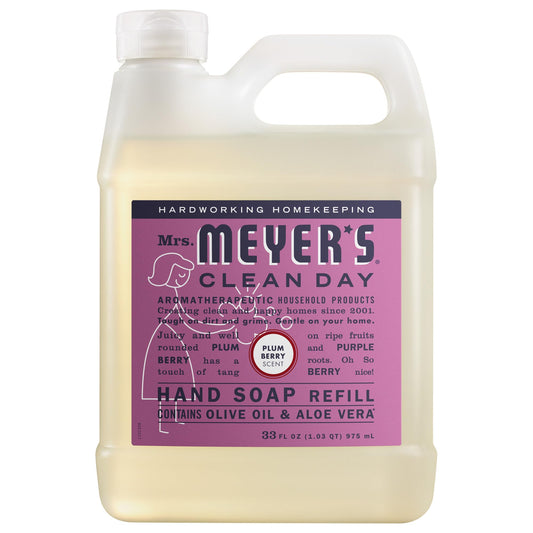 Mrs. MEYER'S front label showing Plum Berry scent and bottle benefits
