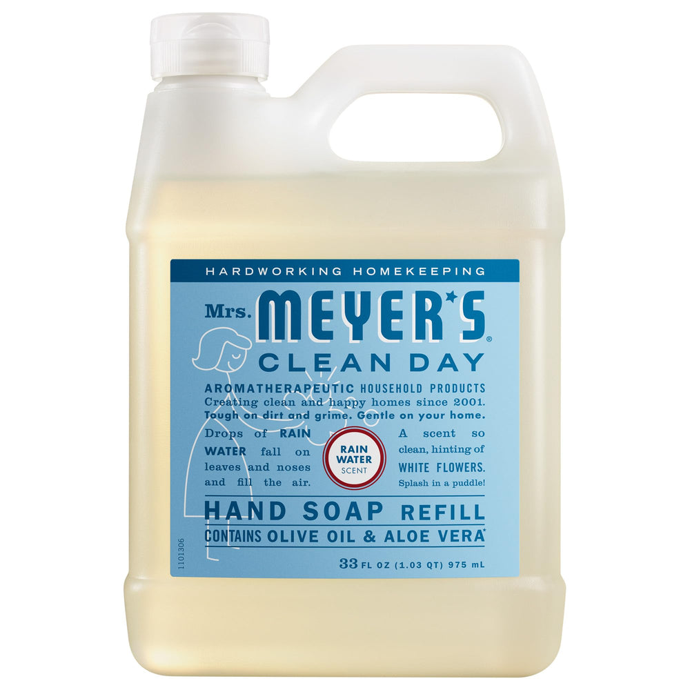 Mrs. MEYER'S Rain Water refill bottle front view showing label and size benefit