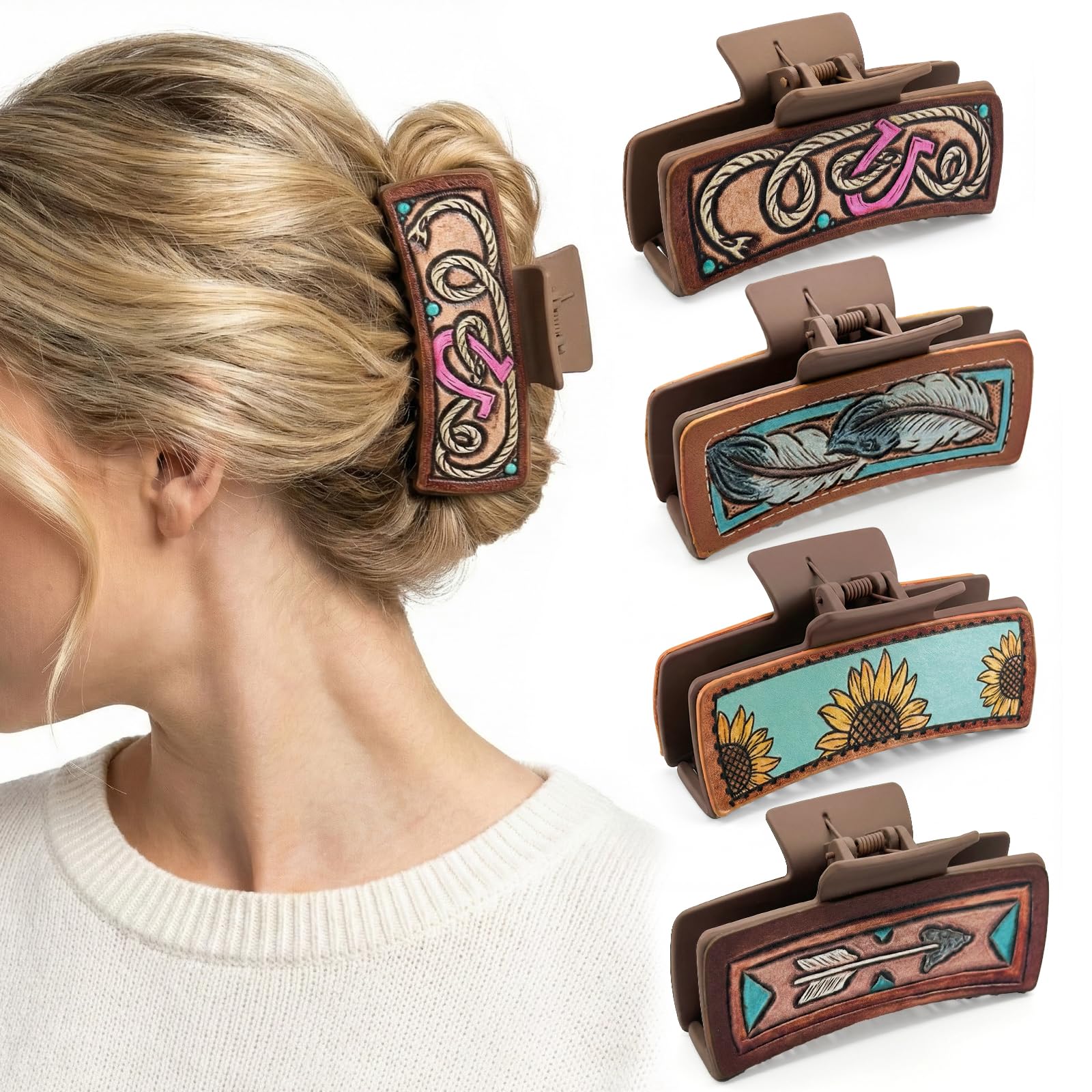 Mtiyoose front view of four western clips showing design and colors, stylish accent.