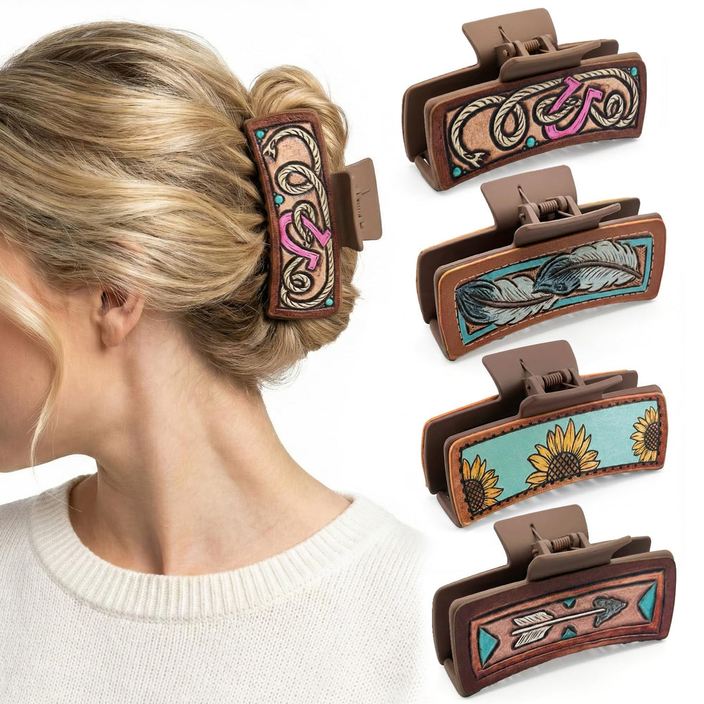Mtiyoose front view of four western clips showing design and colors, stylish accent.