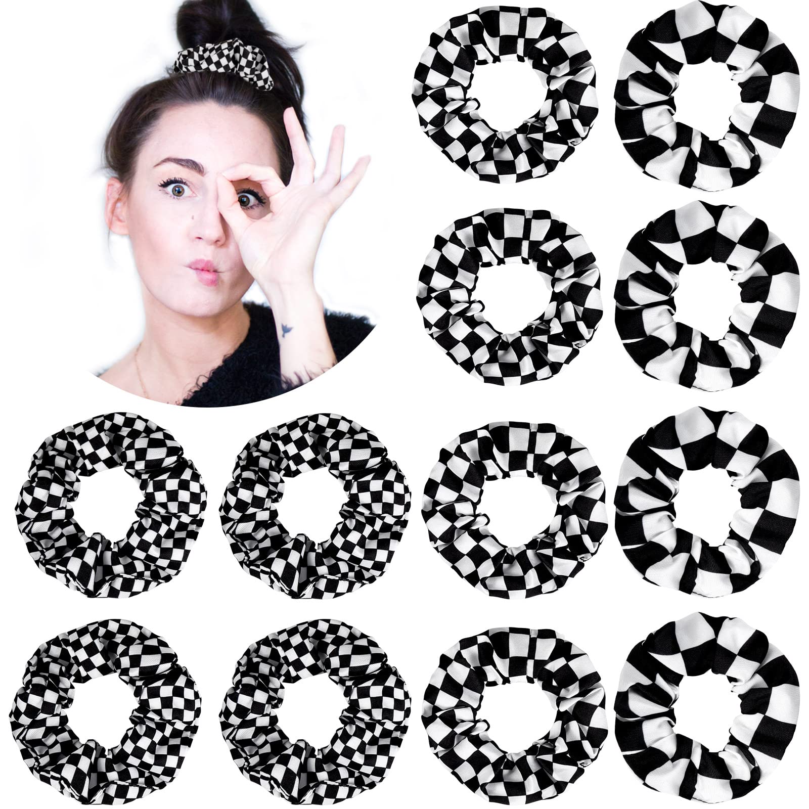 MTLEE front-packaging view showing twelve checkered scrunchies and quantity benefit