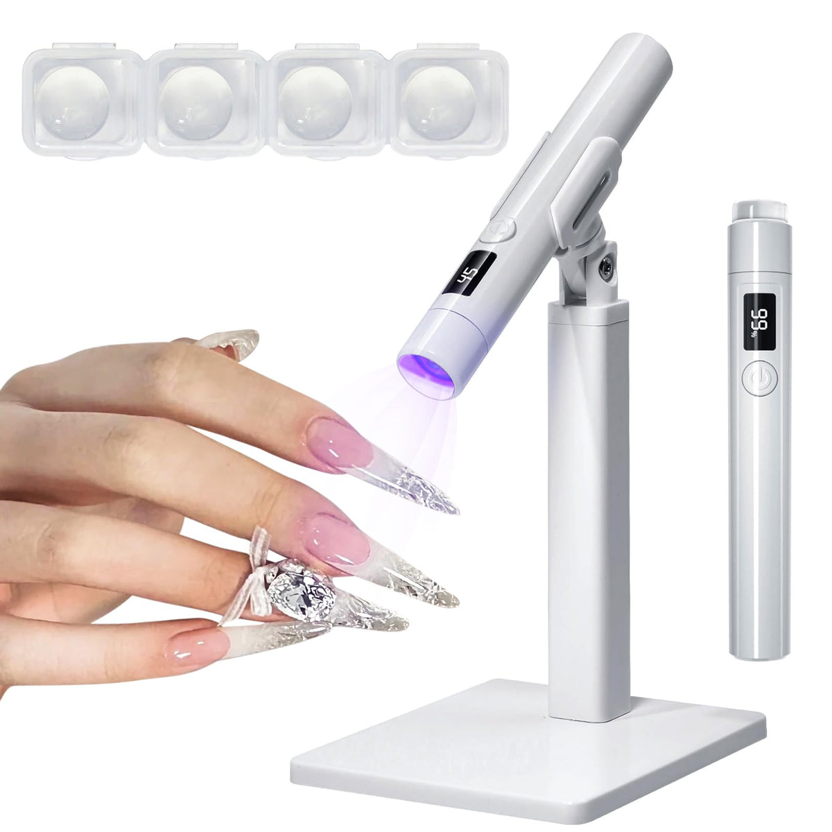MUCOOS mini UV light front view showing compact design and fast curing