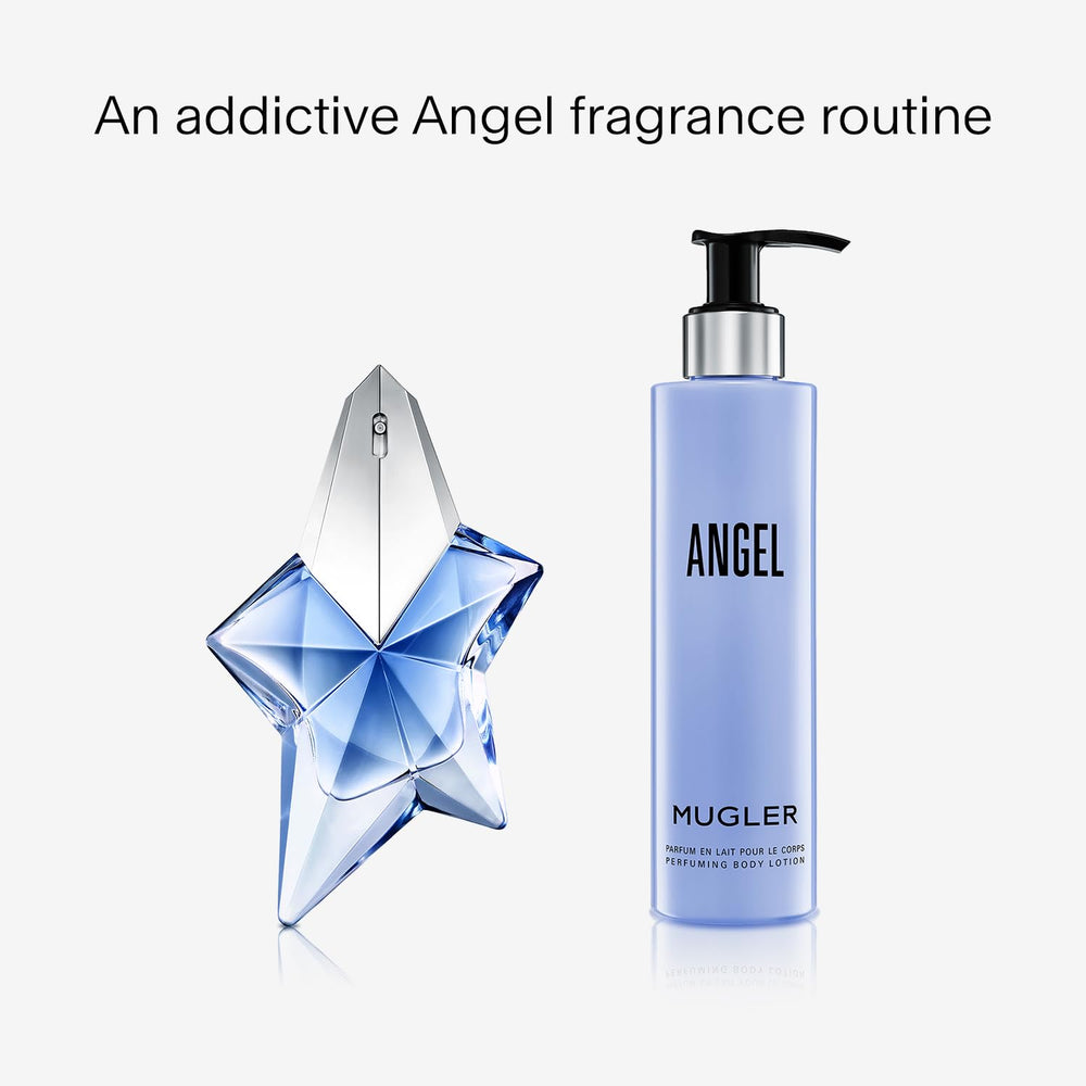 Mugler Angel lotion in bathroom lifestyle suggesting post-shower comfort