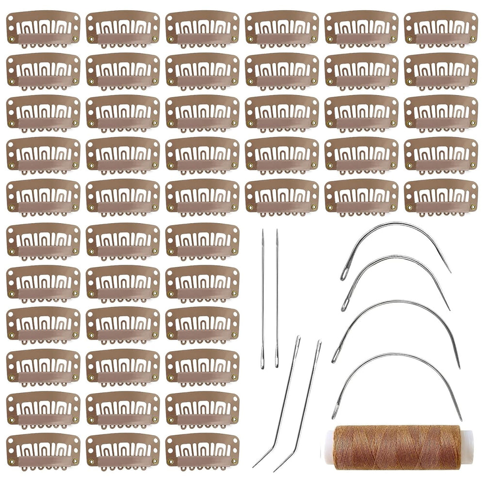 MUIIGOOD front view of 50 light brown clips showing kit contents and convenience