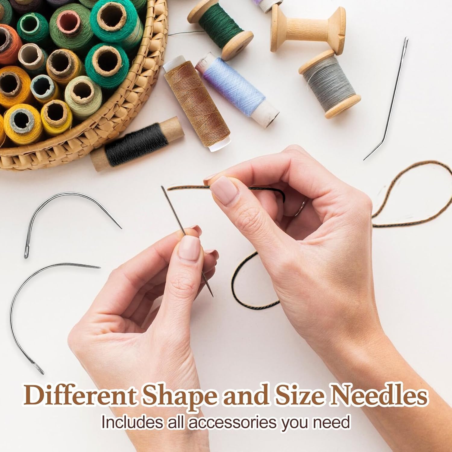 MUIIGOOD sewing needles and thread beside clips showing ready-to-use kit
