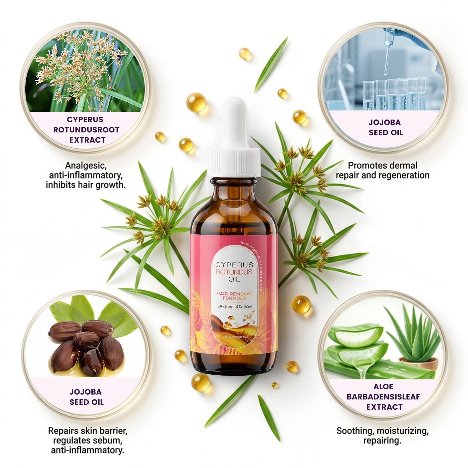 MUREND bottle with key natural ingredients flatlay highlighting calming benefit