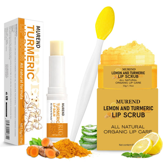 MUREND front packaging showing full turmeric lip care kit and clear usage benefit