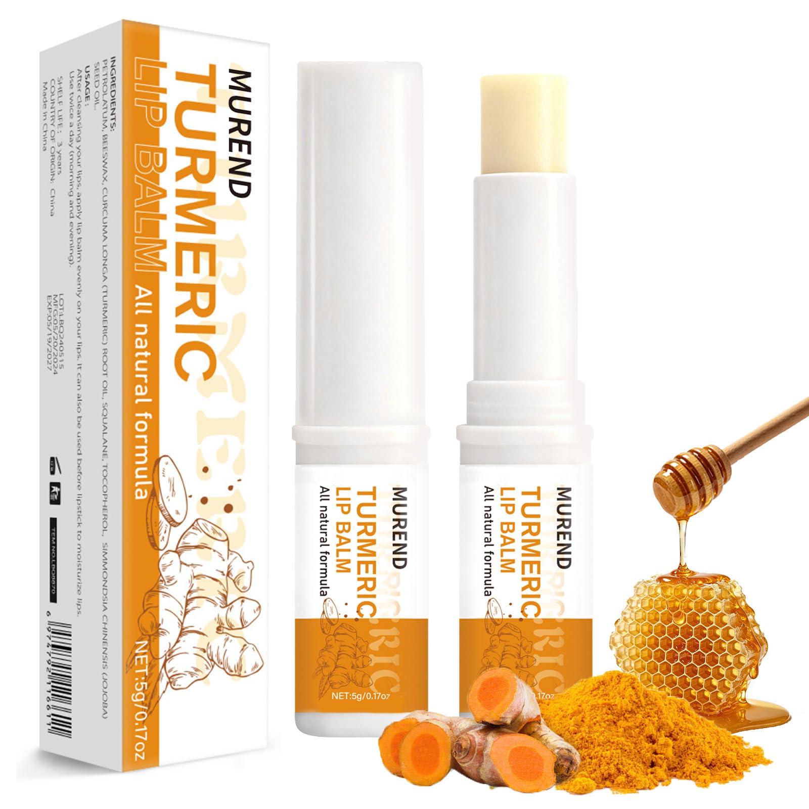 MUREND front packaging showing clean turmeric lip balm tube and product benefits