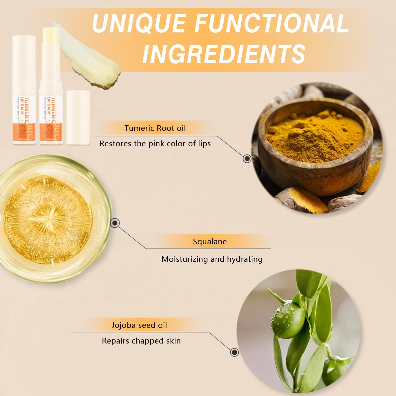 MUREND ingredients layout with turmeric, jojoba and squalane highlighting natural actives