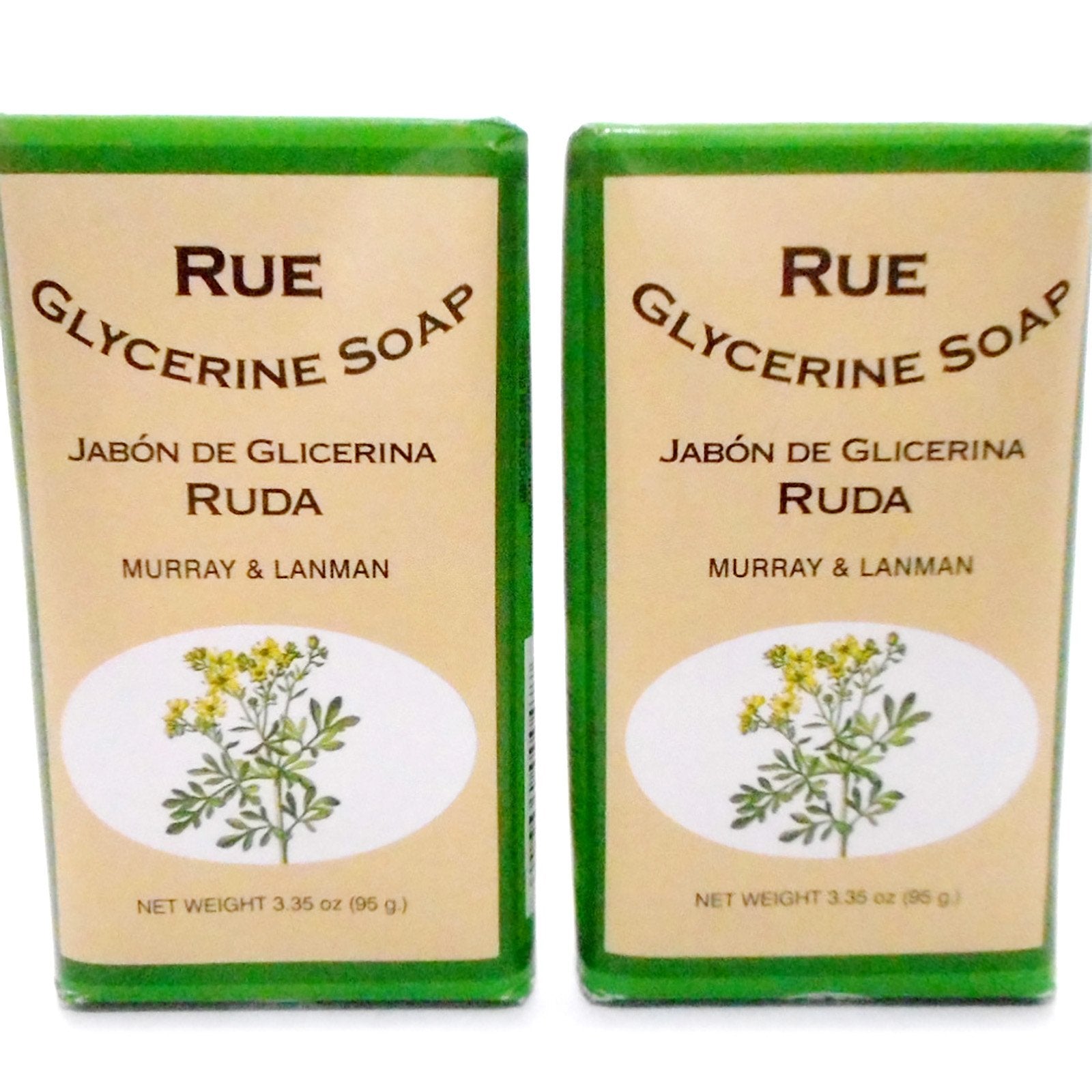 Murray & Lanman front packaging showing two rue glycerine soap bars and labels, useful for purchase clarity