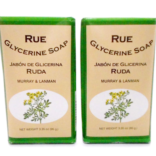 Murray & Lanman front packaging showing two rue glycerine soap bars and labels, useful for purchase clarity