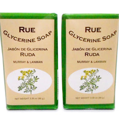 Murray & Lanman front packaging showing two rue glycerine soap bars and labels, useful for purchase clarity