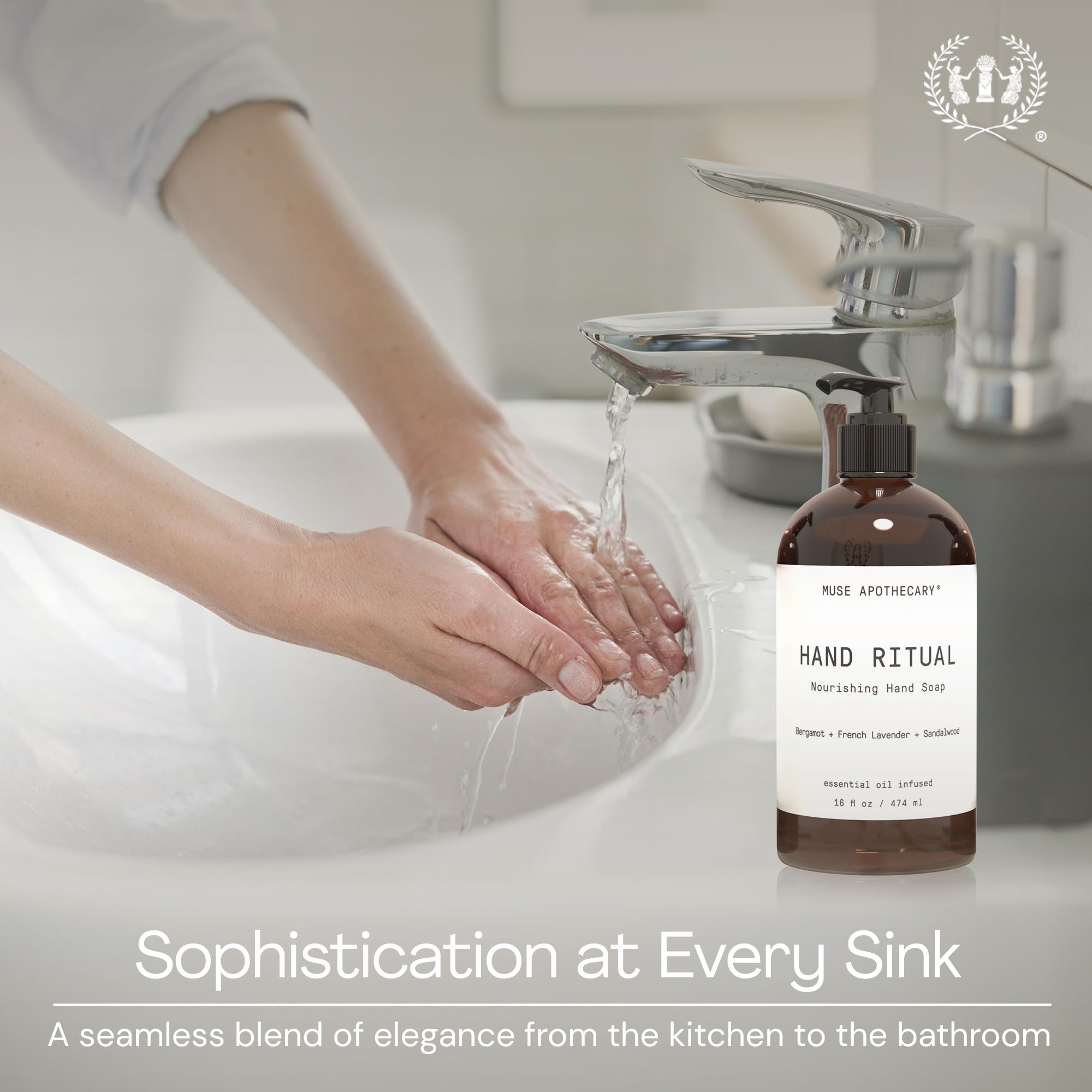 Muse Apothecary bottle staged in bathroom offering decor-forward self care benefit
