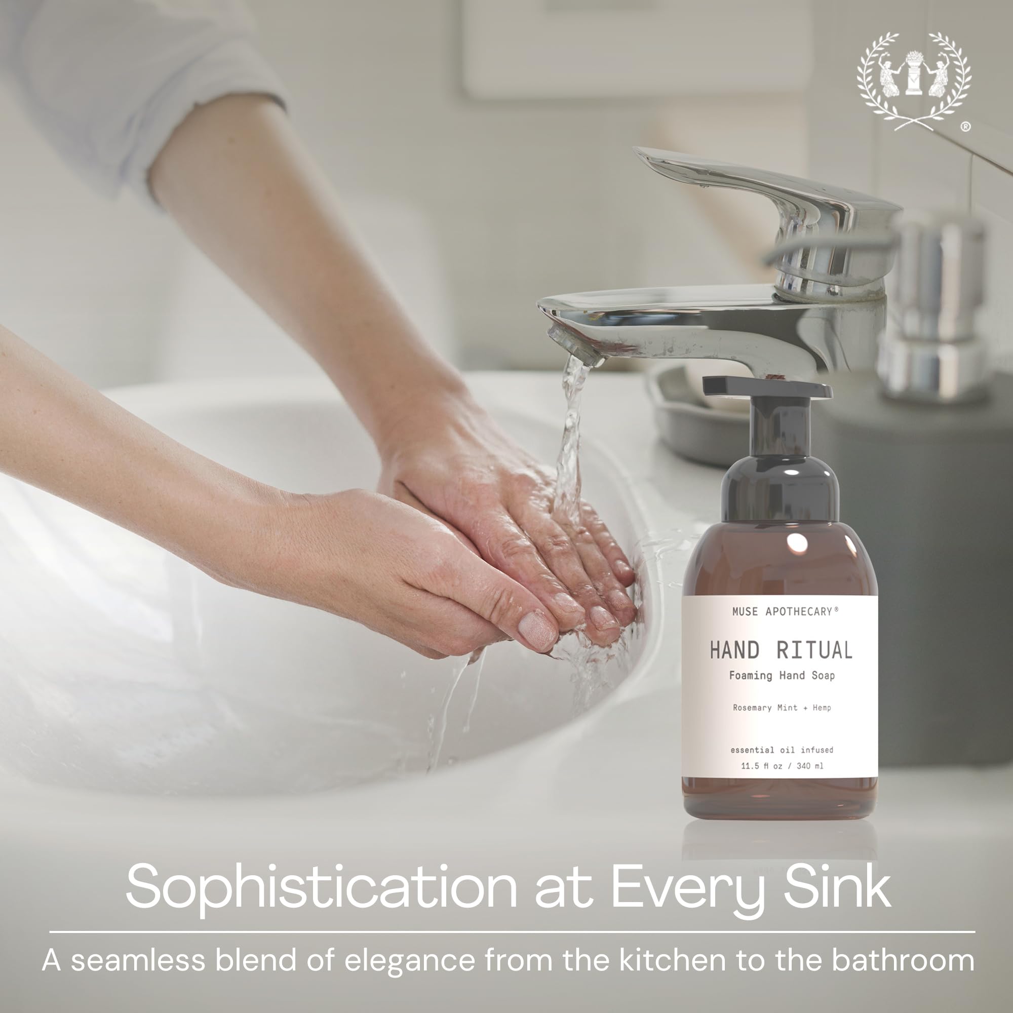 Muse Apothecary hand in use at sink demonstrating gentle cleansing benefit