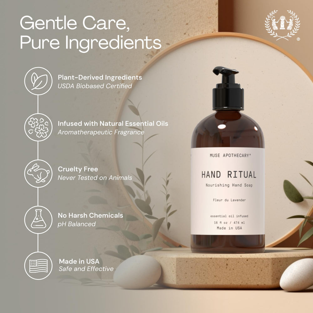 Muse Apothecary hand wash in use at sink for a mindful cleansing ritual