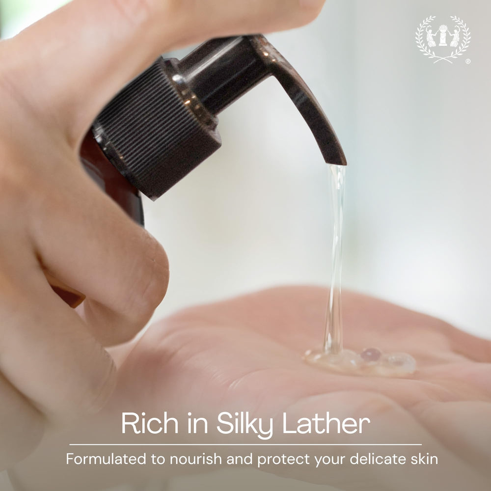 Muse Apothecary rich foamy lather on hands demonstrating gentle cleansing