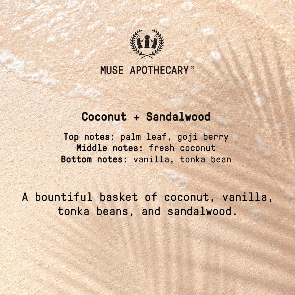 Muse Apothecary coconut and sandalwood ingredients staged for natural sourcing view