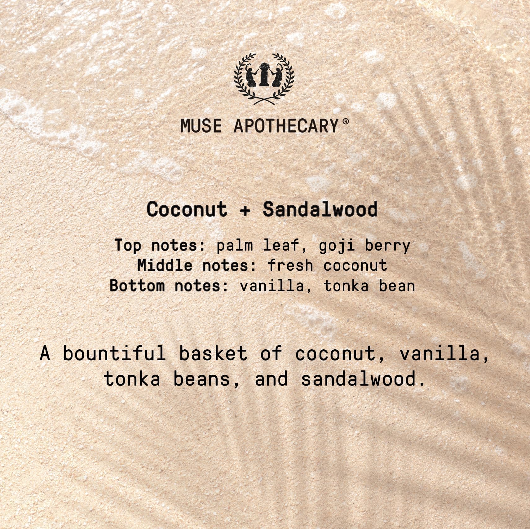 Muse Apothecary ingredients display with coconut and sandalwood visuals