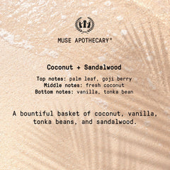 Muse Apothecary ingredients display with coconut and sandalwood visuals