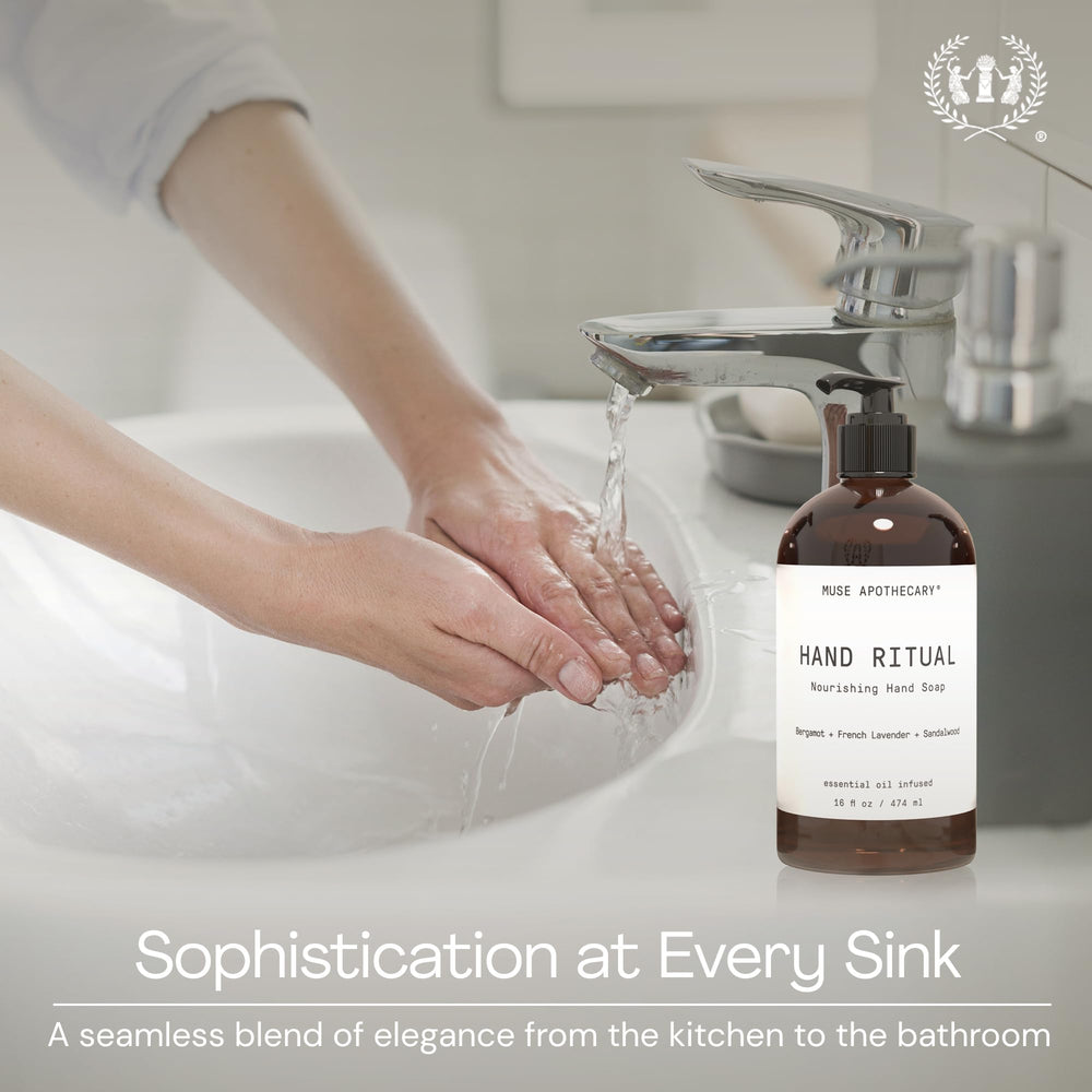 Muse Apothecary bottle next to sink in lifestyle scene promoting daily ritual benefit