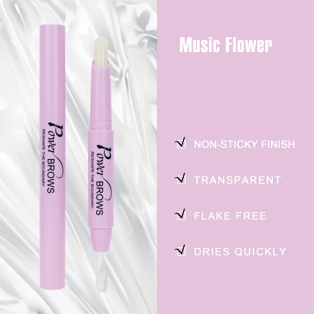 Music Flower before and after brows illustrating lifted, feathered shaping
