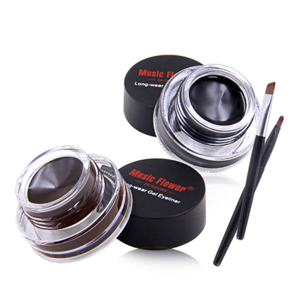 Music Flower front view of black and brown gel liner jars showing labels and brushes