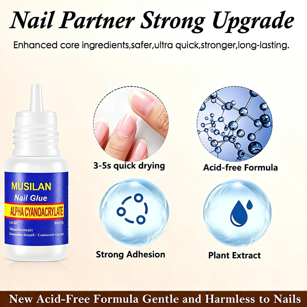 MUSILAN glue being applied to a press-on nail, quick secure bond