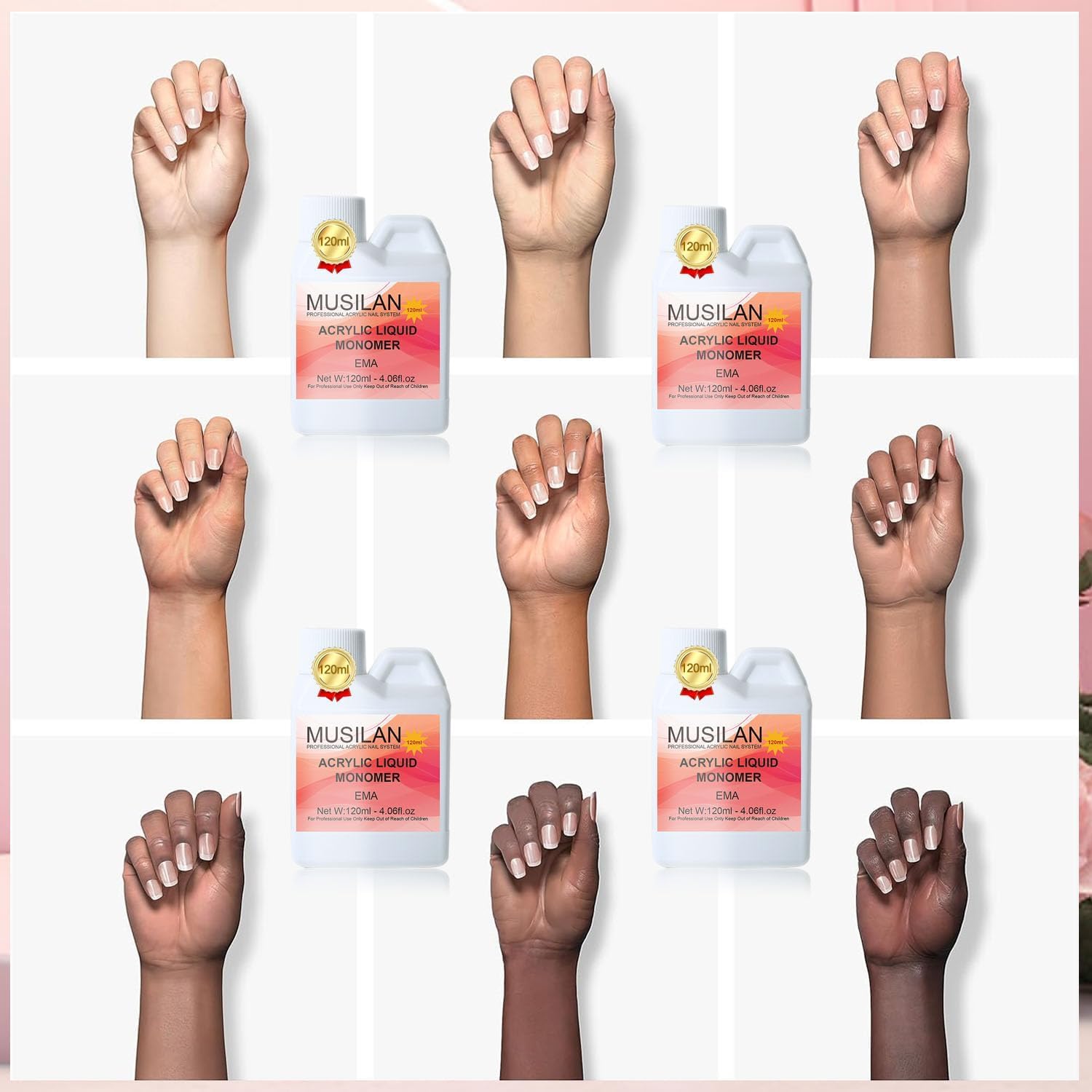 MUSILAN finished acrylic nails lifestyle shot showcasing durable, non-yellowing finish