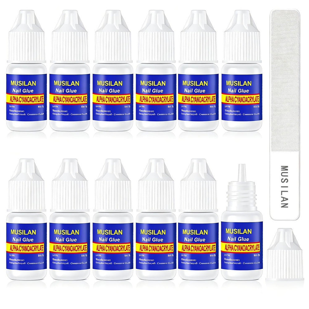 MUSILAN front packaging showing 12-bottle glue set and file, visual value