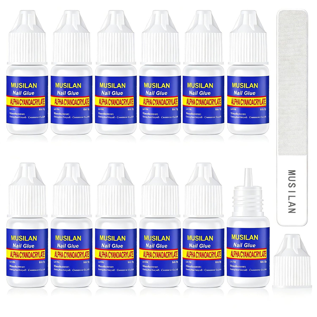 MUSILAN front packaging showing 12-bottle glue set and file, visual value