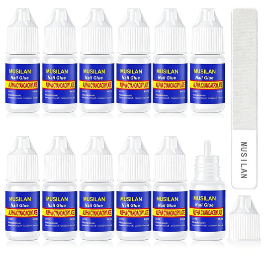 MUSILAN front packaging showing 12-bottle glue set and file, visual value