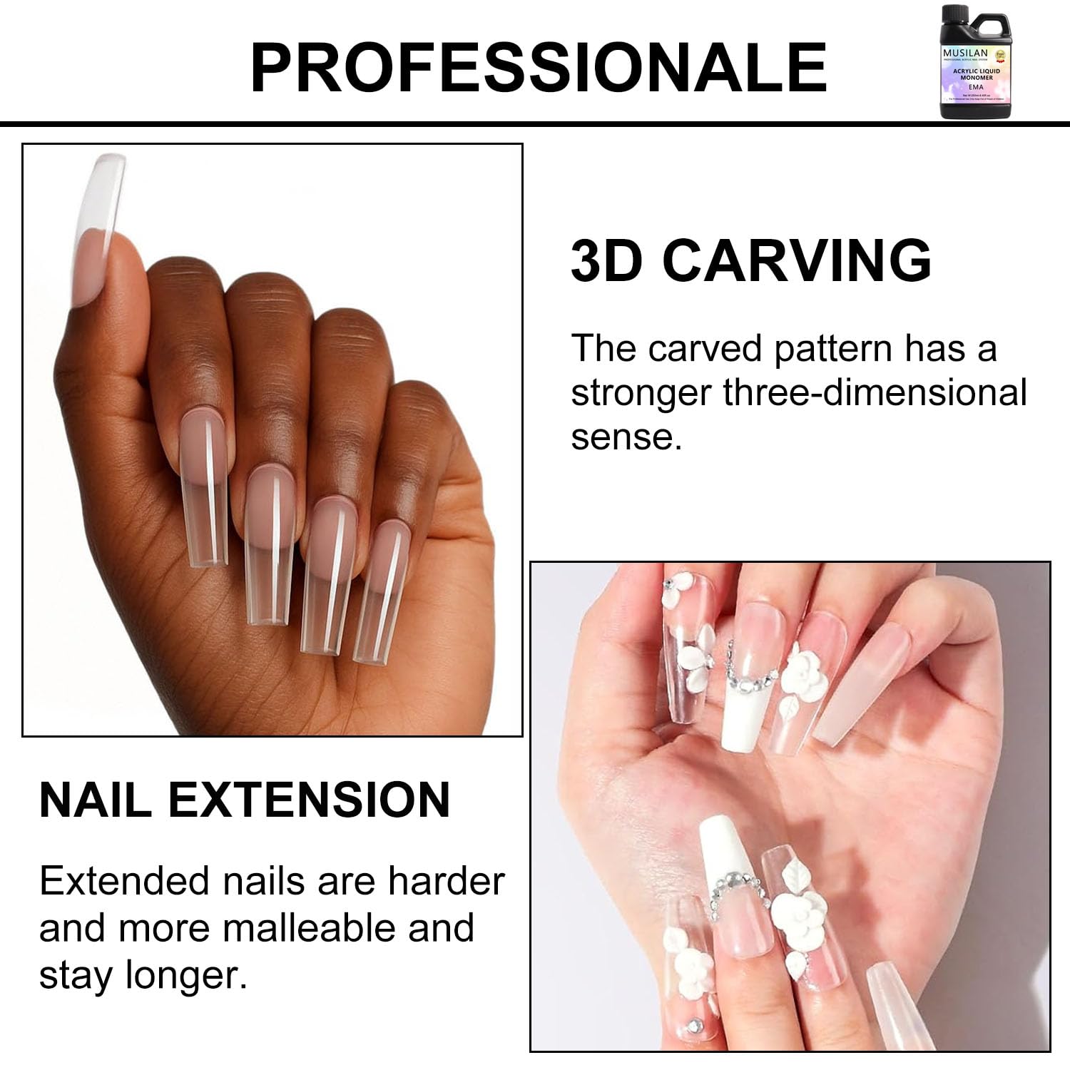 MUSILAN label close-up highlighting UV stabilizers for non-yellowing benefit