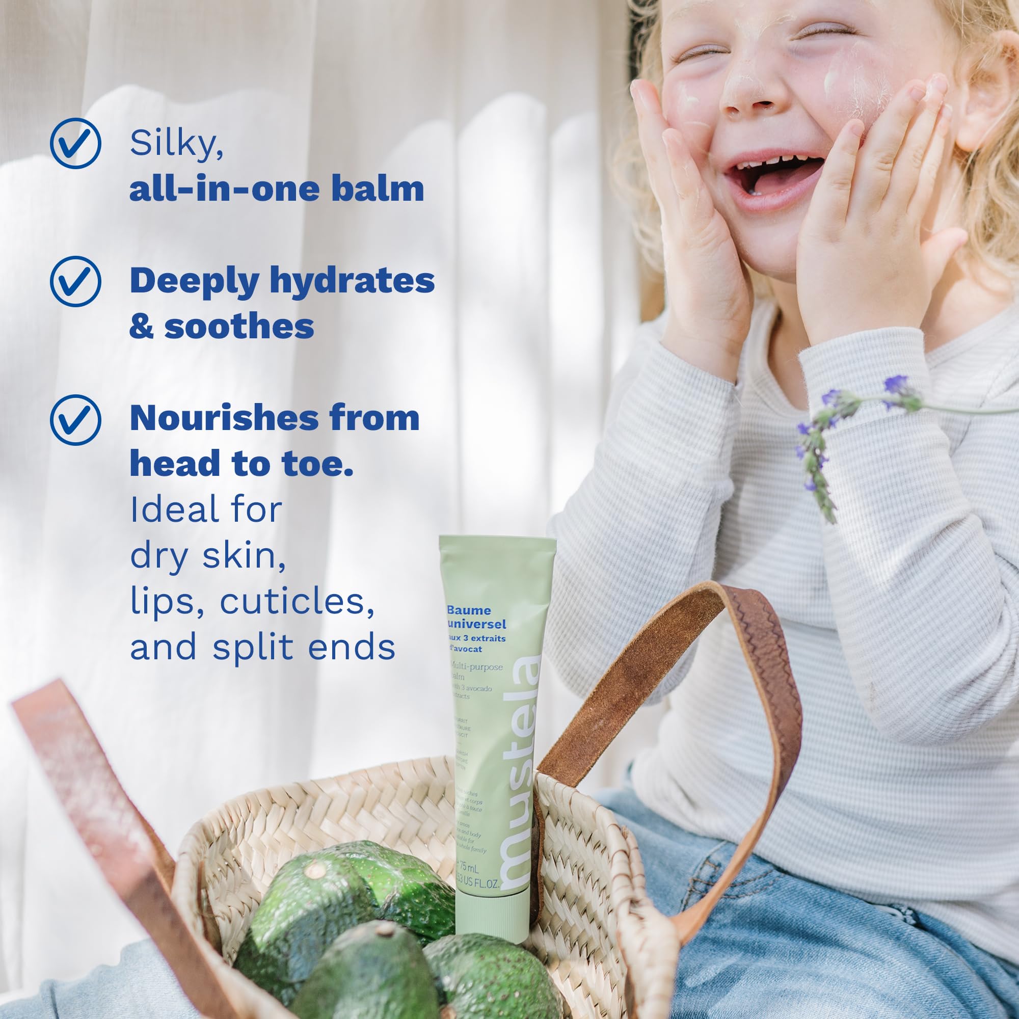 Mustela with avocado halves illustrating three avocado extracts and nourishing benefit