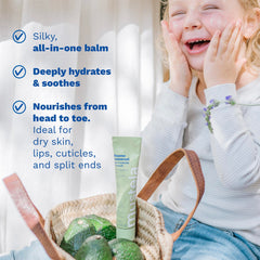 Mustela with avocado halves illustrating three avocado extracts and nourishing benefit