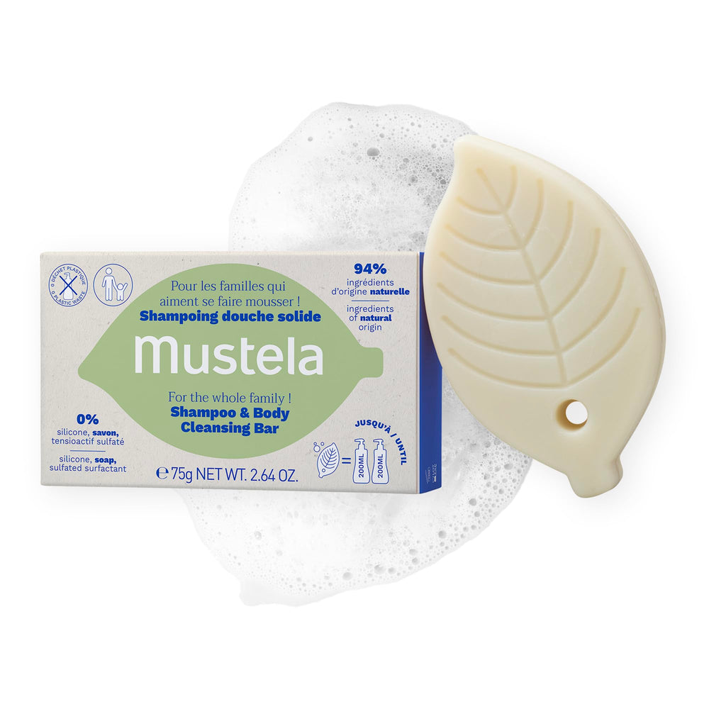 Mustela front packaging showing fragrance-free solid bar and benefits