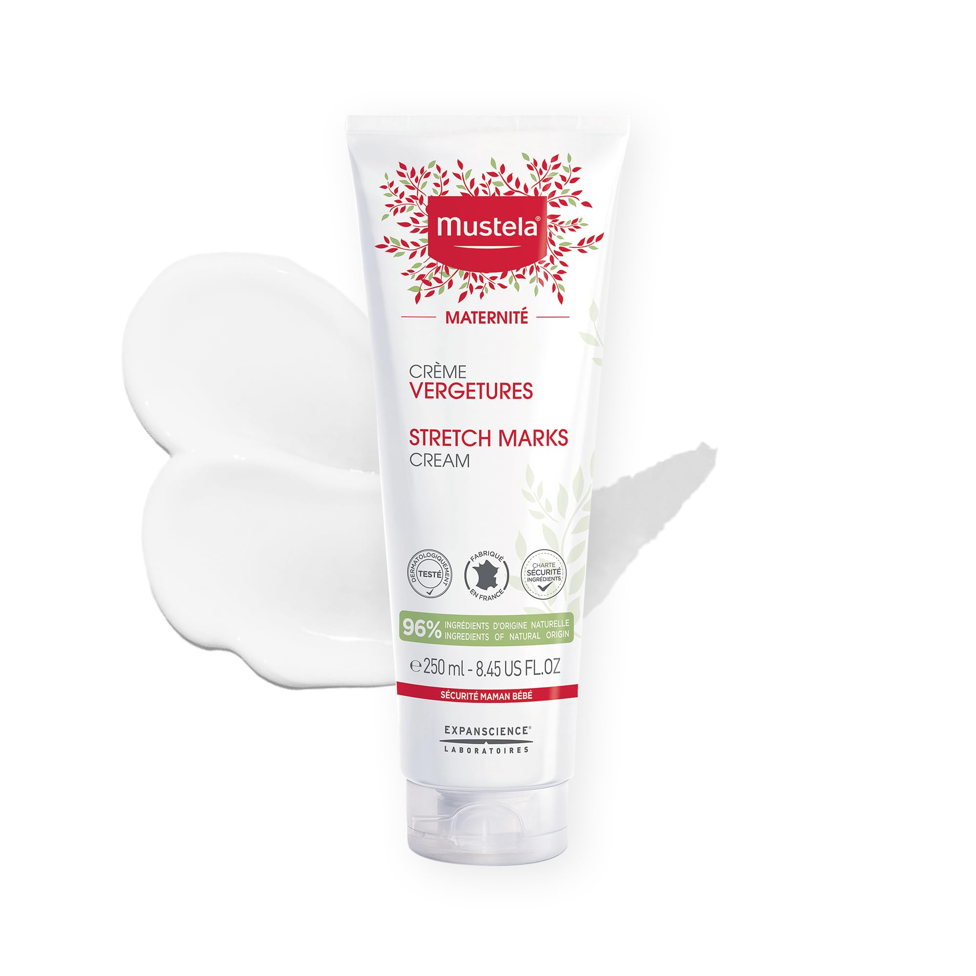 Mustela front packaging showing product benefits and size for reassurance
