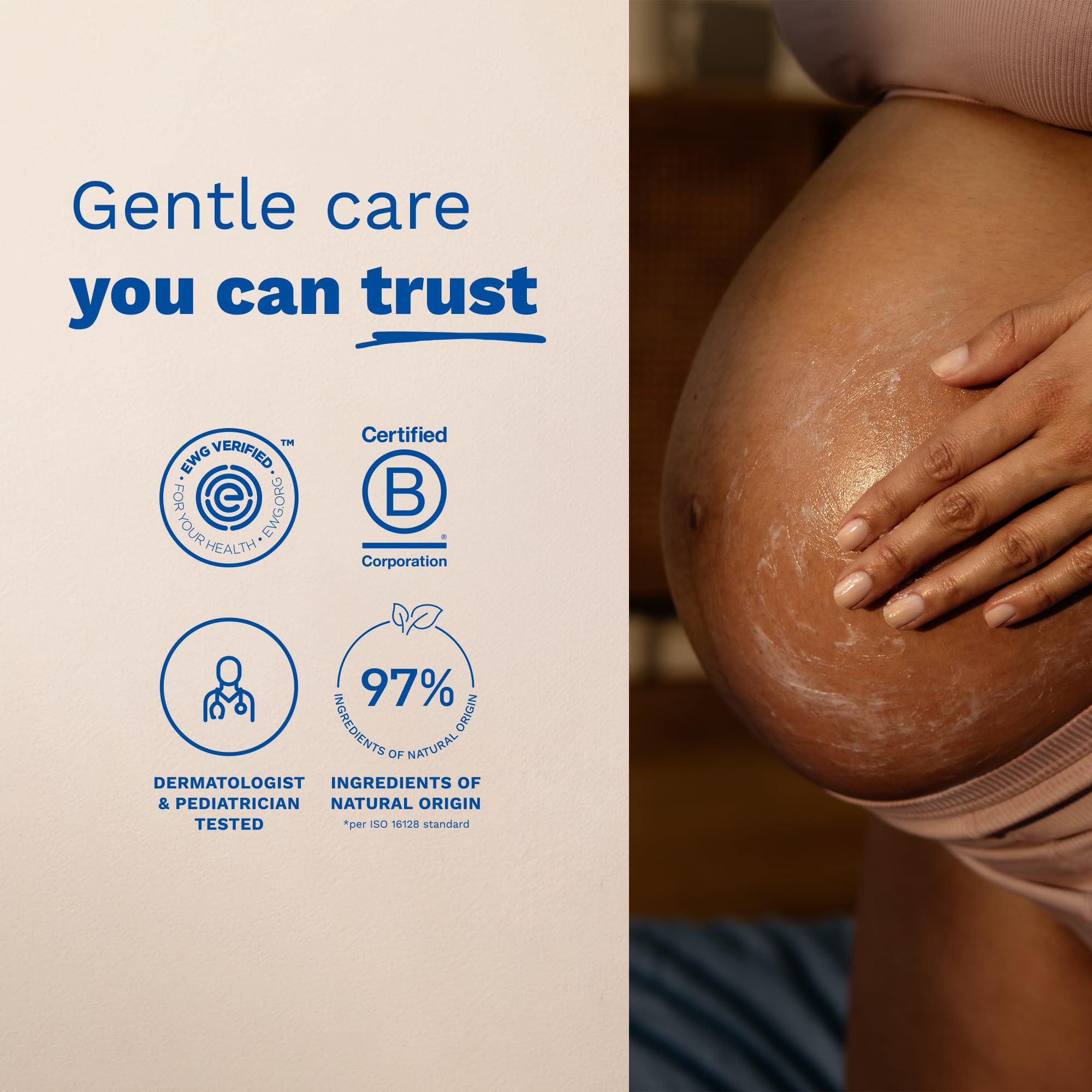 Pregnant person applying Mustela belly products for soothing hydration and skin comfort
